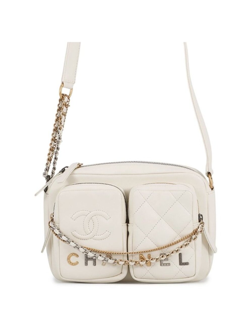Chanel Shoulder Bag Small CC Logo Quilted Lambskin White